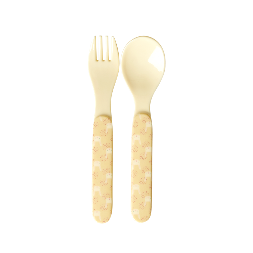 Kids Melamine Spoon & Fork Set Cream Rabbit Print by Rice DK